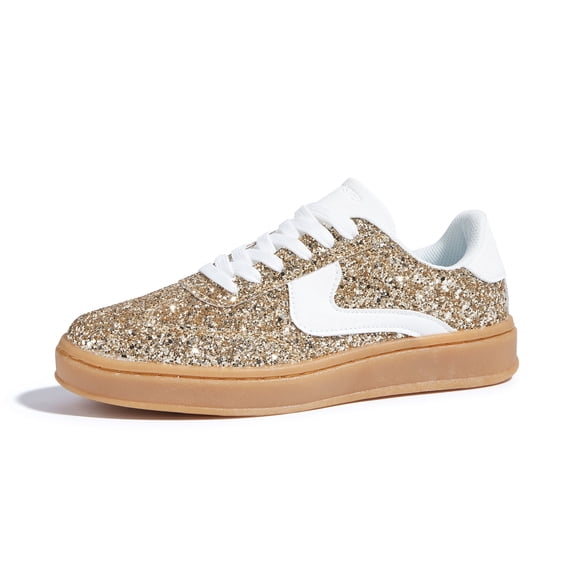 LUCKY STEP Glitter Fashion Sneakers Retro Sparkly Shiny Casual Shoes,Gold&White,Womens