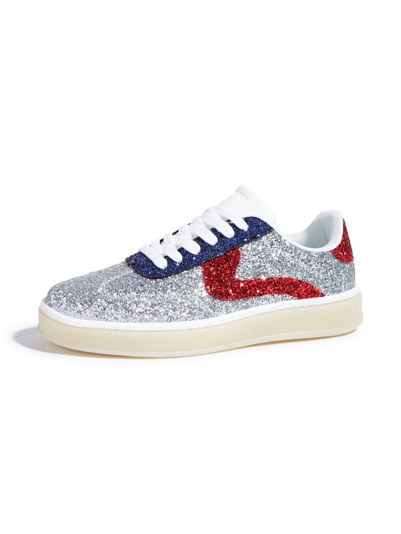 Glitter Fashion Sneakers Retro Sparkly Shiny Casual Shoes,Silver&Red,Womens