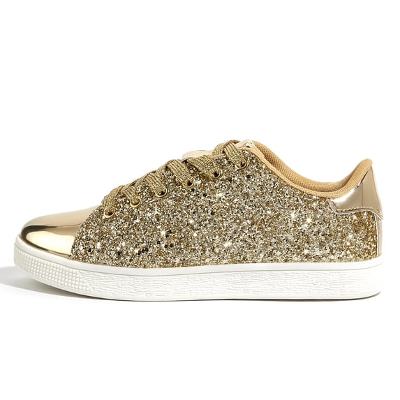 LUCKY STEP Womens Glitter Sneakers Sparkly Low Top Lace-Up Casual Shoes,All Gold