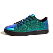 Womens Glitter Sneakers Sparkly Low Top Lace-Up Casual Shoes,Green Hologram