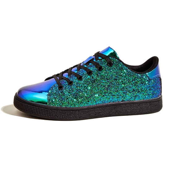 LUCKY STEP Womens Glitter Sneakers Sparkly Low Top Lace-Up Casual Shoes,Green Hologram