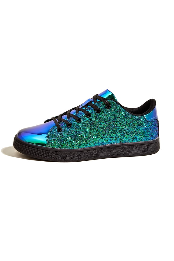Womens Glitter Sneakers Sparkly Low Top Lace-Up Casual Shoes,Green Hologram
