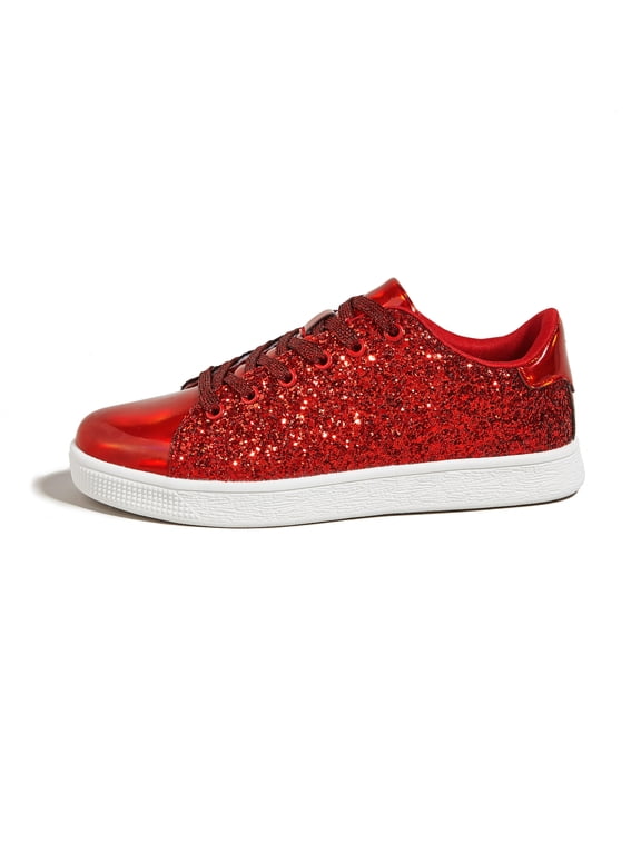 Womens Glitter Sneakers Sparkly Low Top Lace-Up Casual Shoes,Red