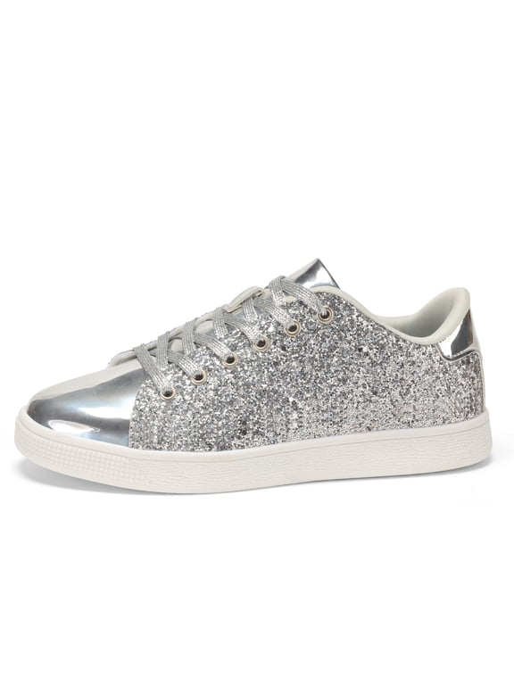 Womens Glitter Sneakers Sparkly Low Top Lace-Up Casual Shoes,Silver