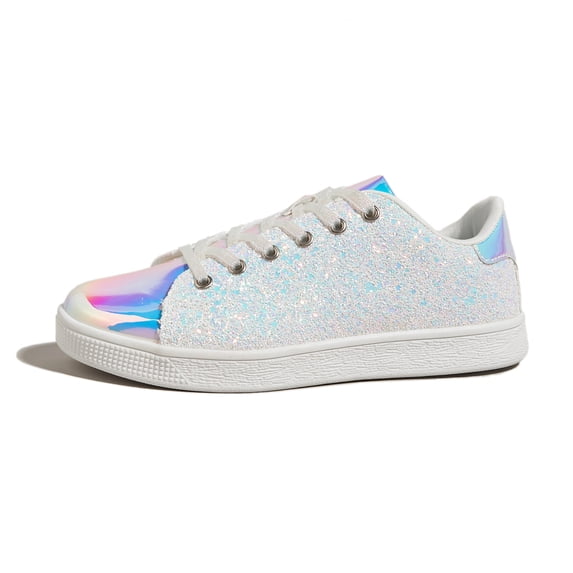 LUCKY STEP Womens Glitter Sneakers Sparkly Low Top Lace-Up Casual Shoes,White Hologram