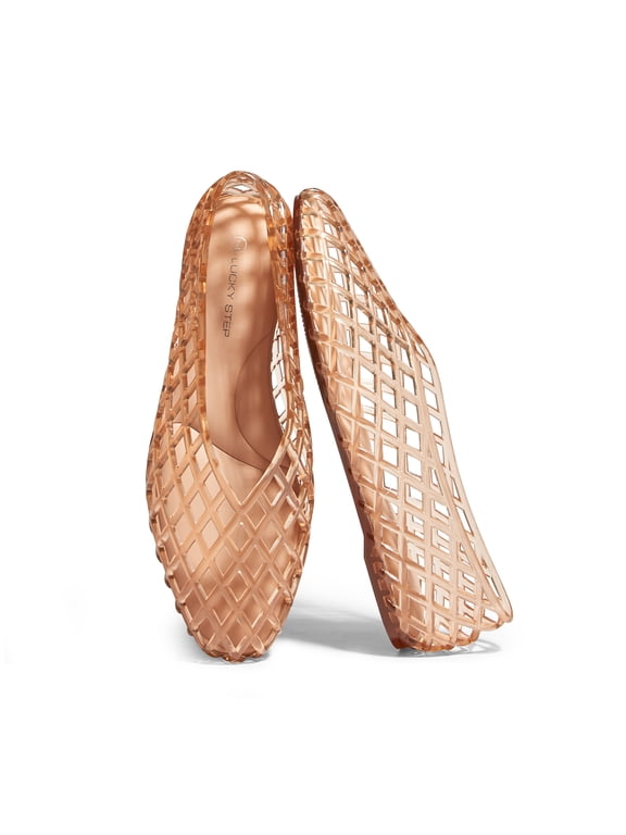 Jelly Mesh Ballet Flats Casual Comfort Clear Breathable Sandals,Beige,Womens