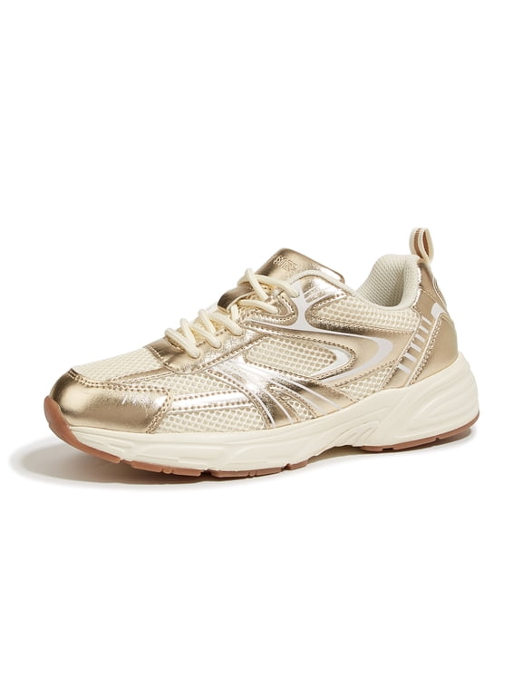 Lace Up Mesh Lightweight Fashion Sneakers Casual Shoes,Gold,Womens