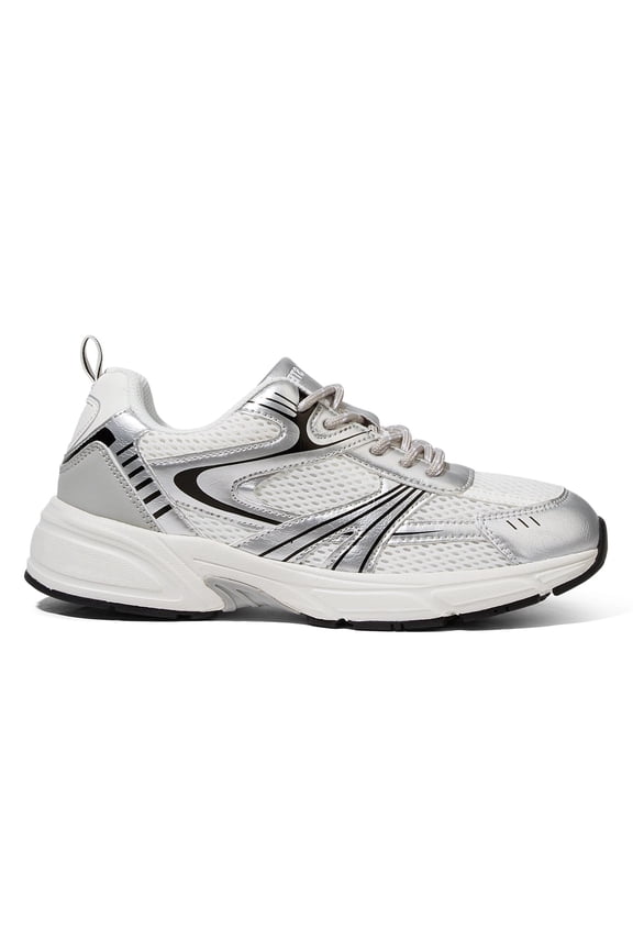 Lace Up Mesh Lightweight Fashion Sneakers Casual Running Shoes,White/Silver,Womens