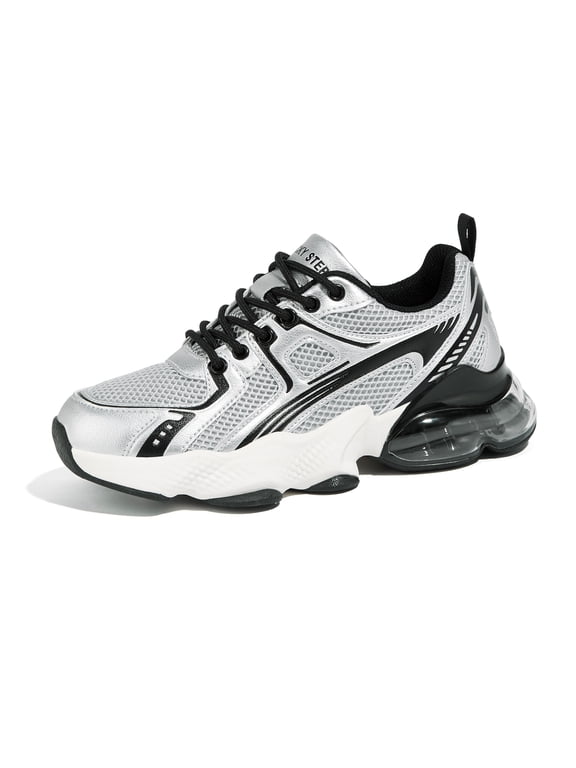 Lightweight Air Cushion Sneakers Mesh Running Walking Shoes,Black&Silver,Womens