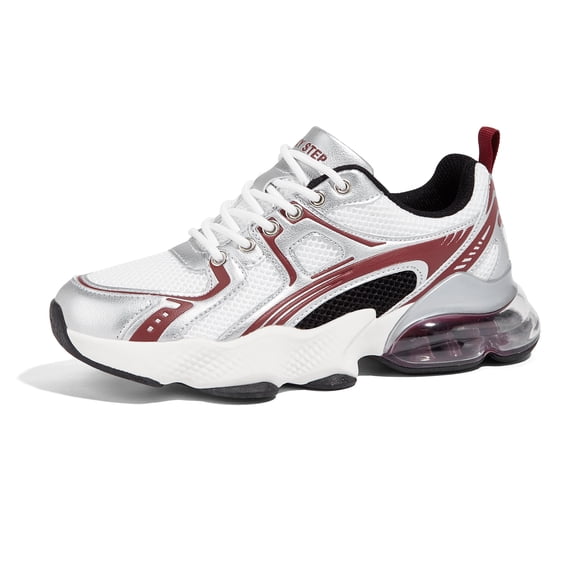 LUCKY STEP Lightweight Air Cushion Sneakers Mesh Running Walking Shoes,Red&Silver,Womens