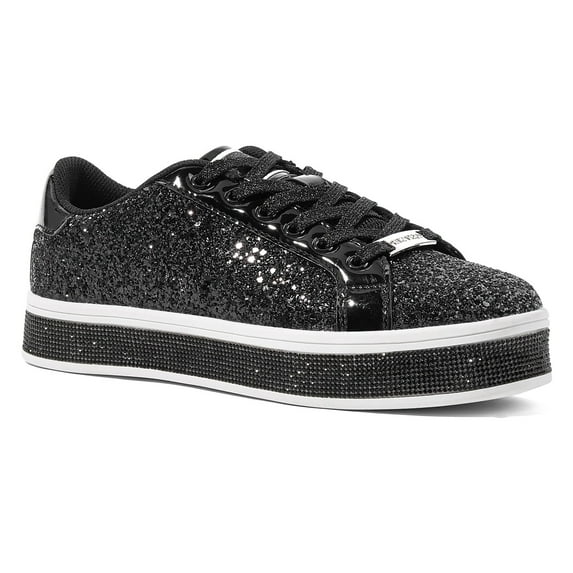 LUCKY STEP Platform Sparkly Fashion Sneakers Glitter Walking Shoes,Black,Womens