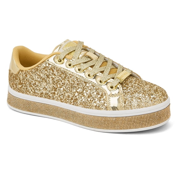 LUCKY STEP Platform Sparkly Fashion Sneakers Glitter Walking Shoes,Gold,Womens