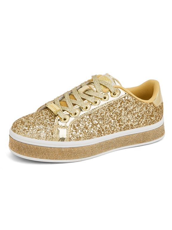 Platform Sparkly Fashion Sneakers Glitter Casual Shoes,Gold,Womens