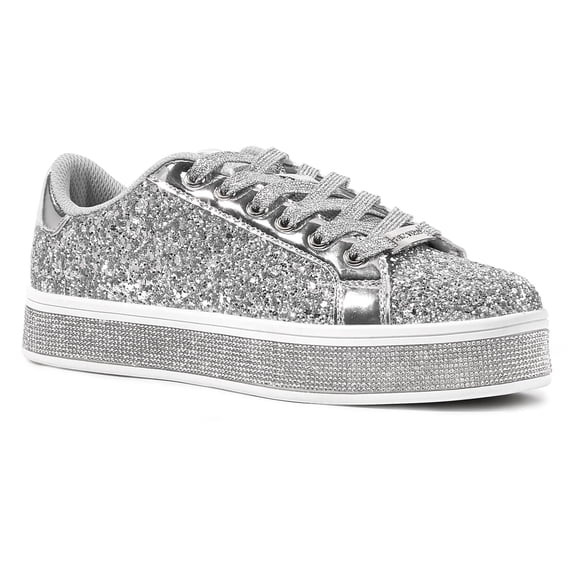 LUCKY STEP Platform Sparkly Fashion Sneakers Glitter Walking Shoes,Silver,Womens