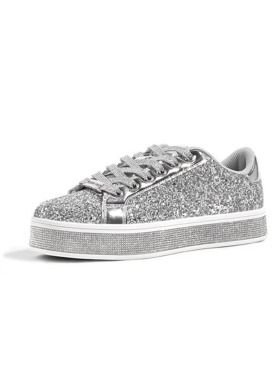 Platform Sparkly Fashion Sneakers Glitter Casual Shoes,Silver,Womens