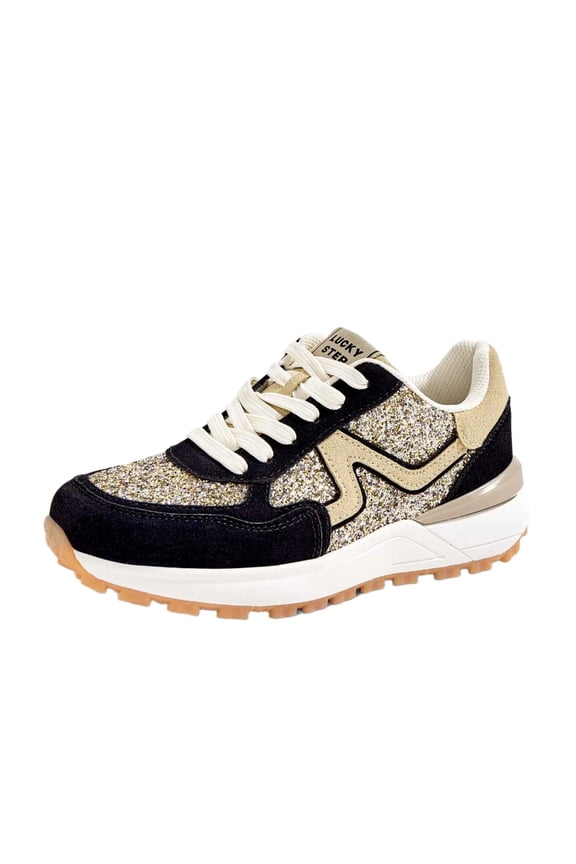 Womens Retro Chunky Sneakers Fashion Color Blocked Casual Shoes,Gold&Black