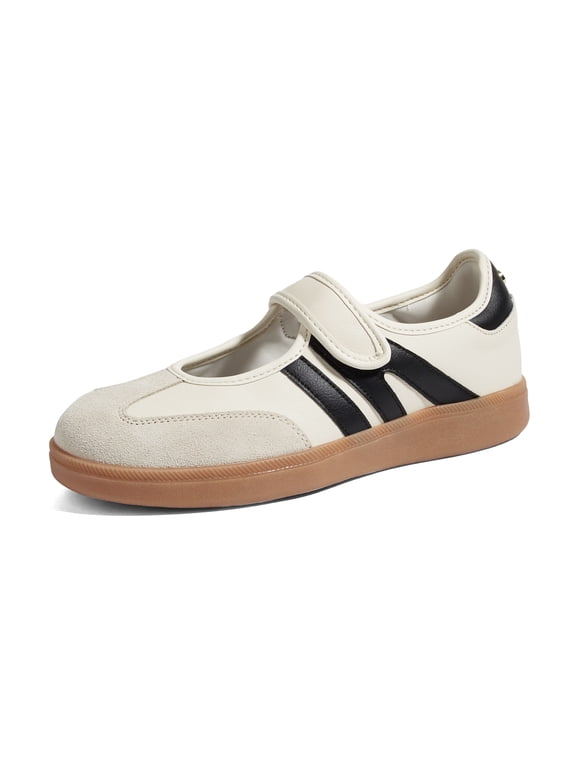 Retro Fashion Hook and Loop Sneakers Classic Slip on Casual Shoes,Beige&Black,Womens