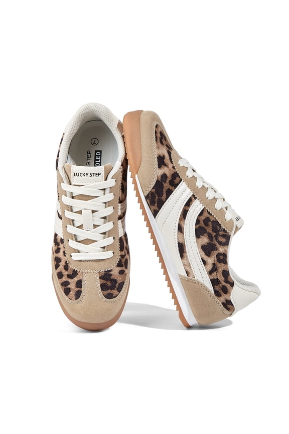 Retro Sneakers Thin Sole Lace up Lightweight Casual Shoes,Leopard,Womens