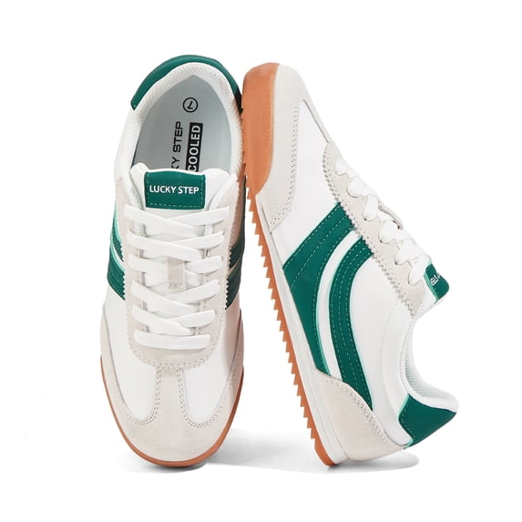 LUCKY STEP Retro Sneakers Thin Sole Lace up Lightweight Casual Shoes,White&Green,Womens