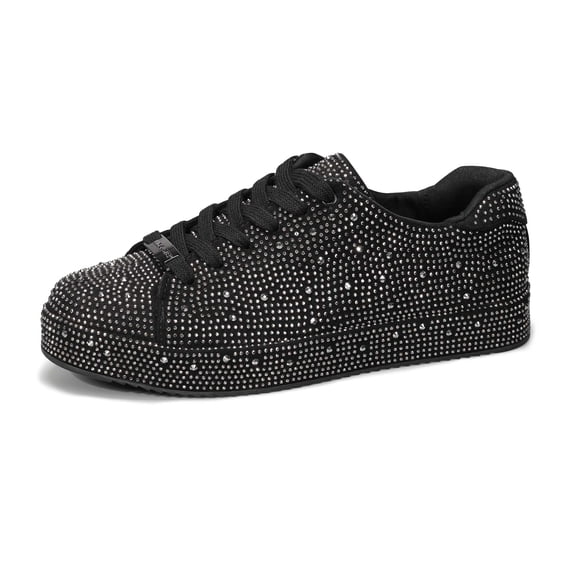 LUCKY STEP Rhinestone Fashion Glitter Sneakers Shiny Platform Shoes,Black/Pewter Rhinestone,Womens