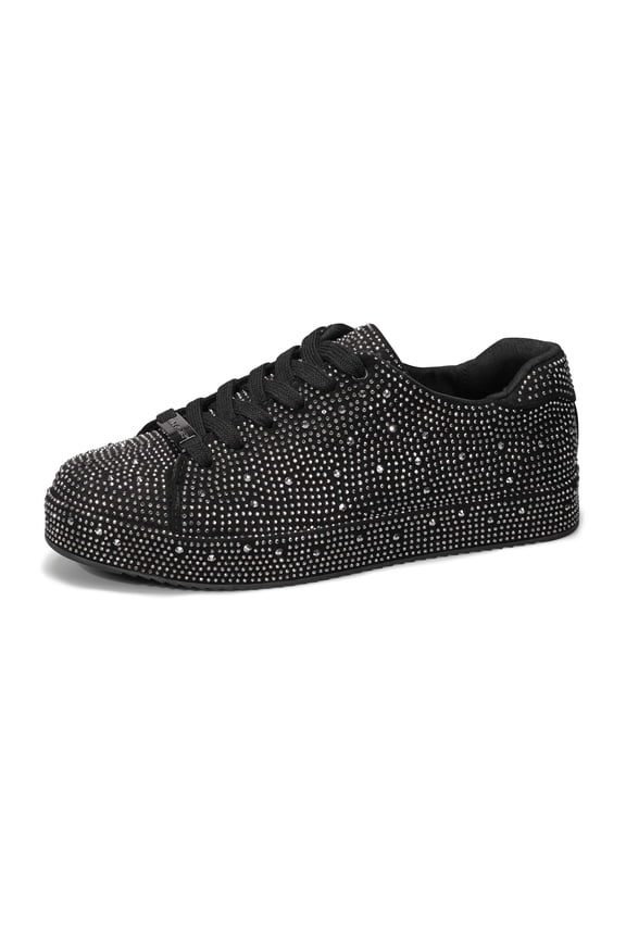 Rhinestone Fashion Glitter Sneakers Shiny Platform Shoes,Black/Pewter Rhinestone,Womens