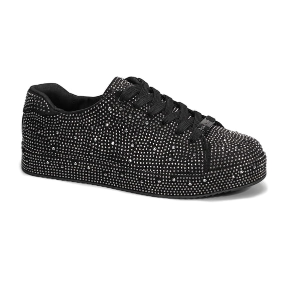 LUCKY STEP Rhinestone Fashion Glitter Sneakers Shiny Platform Shoes,Black/Pewter Rhinestone,Womens