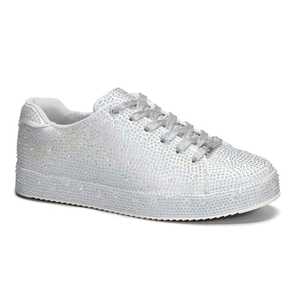 LUCKY STEP Rhinestone Fashion Glitter Sneakers Shiny Platform Shoes,Silver Rhinestone,Womens