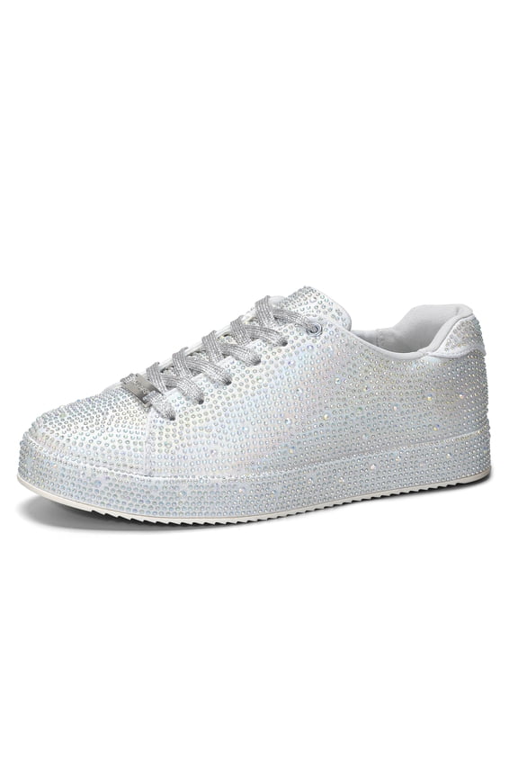 Rhinestone Fashion Glitter Sneakers Shiny Platform Shoes,Silver Rhinestone,Womens