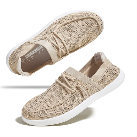 LUCKY STEP Rhinestone Loafers Shoes Comfort Slip On Mesh Knit Walking Shoes,Beige,Womens