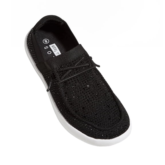 LUCKY STEP Rhinestone Loafers Shoes Comfort Slip On Mesh Knit Walking Shoes,Black,Womens