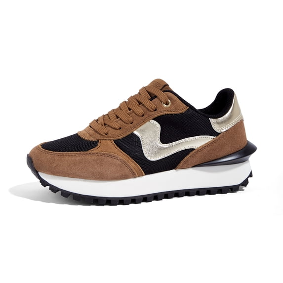 LUCKY STEP Stylish Retro Platform Sneakers Casual Walking Running Shoes,Brown/Black,Womens