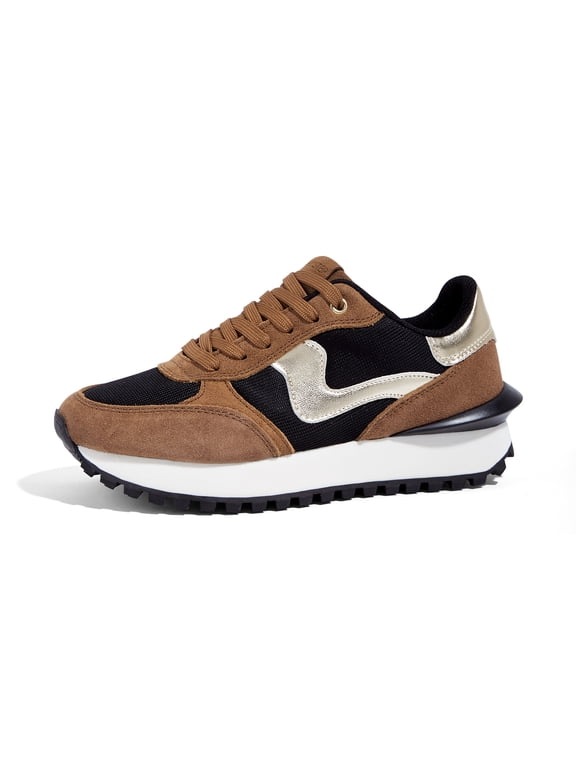 Stylish Retro Platform Sneakers Casual Walking Running Shoes,Brown/Black,Womens