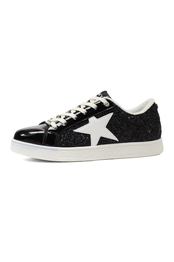 Stylish Star Low Top Lace Up Sneaker Comfort Walking Shoes,Black Glitter,Womens