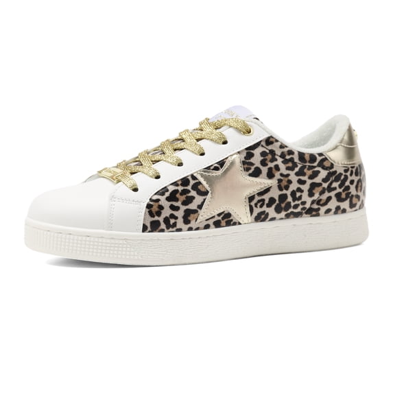 LUCKY STEP Stylish Star Low Top Lace Up Sneaker Comfort Walking Shoes,Gold Leopard Star,Womens
