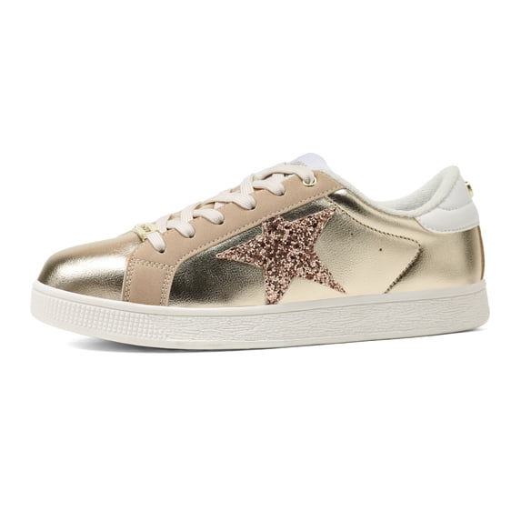 LUCKY STEP Stylish Star Low Top Lace Up Sneaker Comfort Walking Shoes,Gold PU,Womens