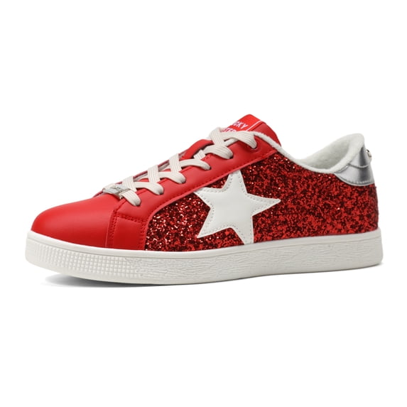 LUCKY STEP Stylish Star Low Top Lace Up Sneaker Comfort Walking Shoes,Red Glitter,Womens