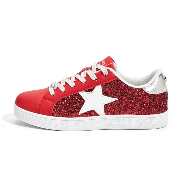 LUCKY STEP Stylish Star Low Top Lace Up Sneaker Comfort Walking Shoes,Red Glitter,Womens