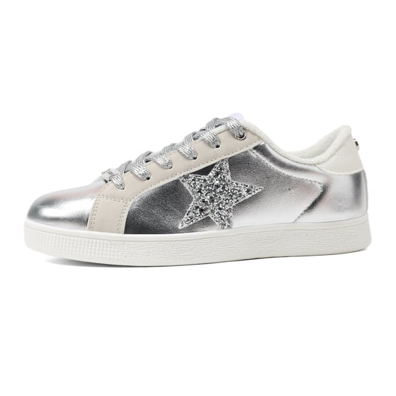 LUCKY STEP Stylish Star Low Top Lace Up Sneaker Comfort Walking Shoes,Silver PU,Womens