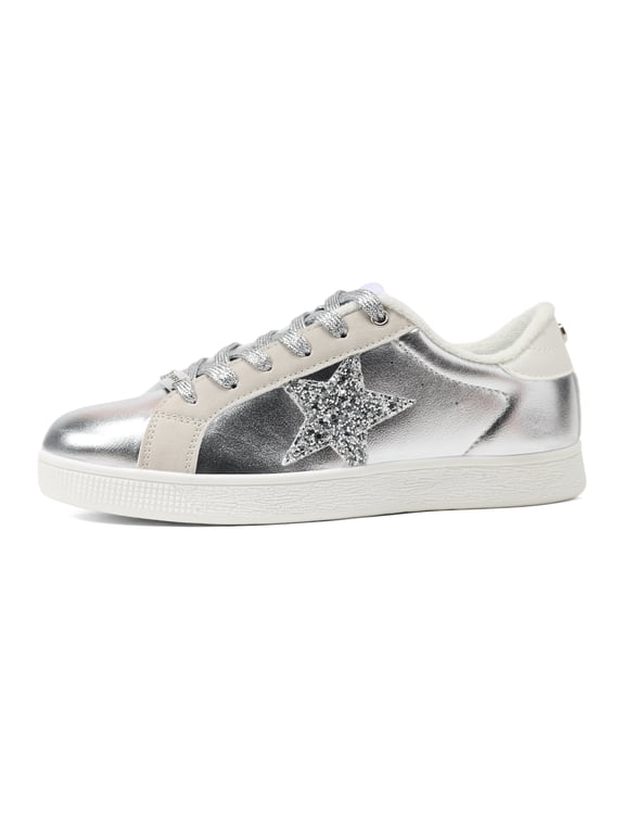 Stylish Star Low Top Lace Up Sneaker Comfort Walking Shoes,Silver PU,Womens