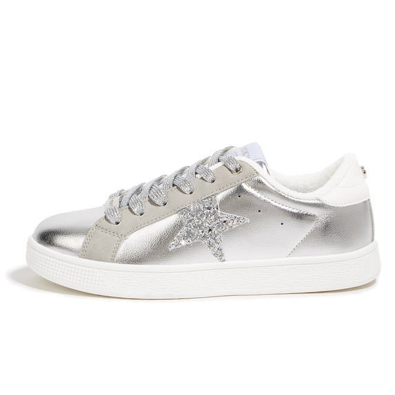 LUCKY STEP Stylish Star Low Top Lace Up Sneaker Comfort Walking Shoes,Silver PU,Womens