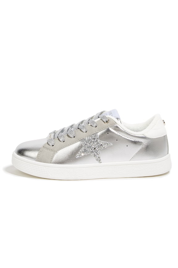 Stylish Star Low Top Lace Up Sneaker Comfort Walking Shoes,Silver PU,Womens