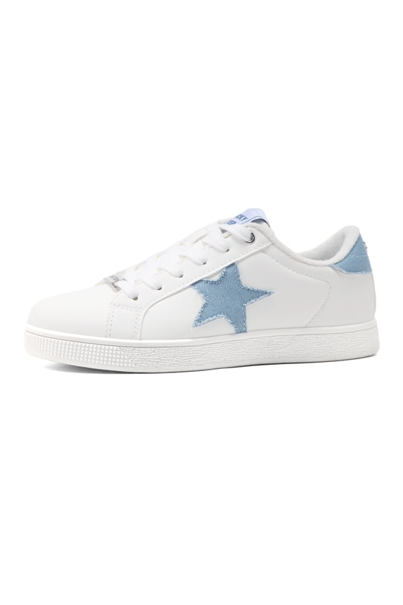 Stylish Star Low Top Lace Up Sneaker Comfort Walking Shoes,White/Denim Blue PU,Womens