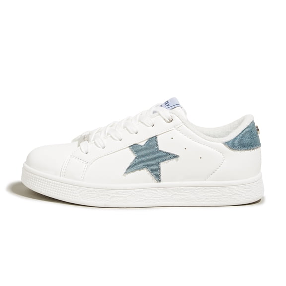 LUCKY STEP Stylish Star Low Top Lace Up Sneaker Comfort Walking Shoes,White/Denim Blue PU,Womens