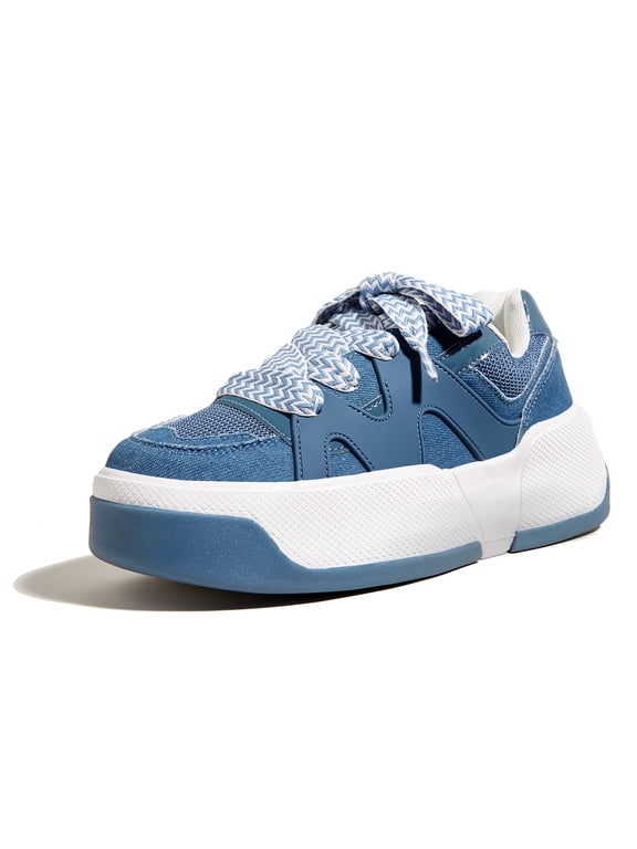 Stylish Thick Soled Sneakers Multi Colored Shoelaces Casual Shoes,Denim Blue,Womens