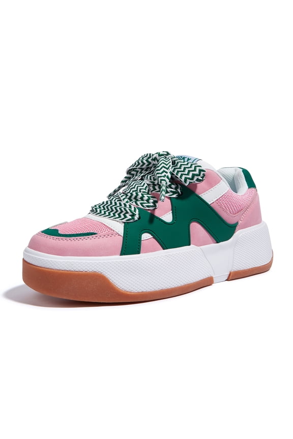 Stylish Thick Soled Sneakers Multi Colored Shoelaces Casual Shoes,Pink&Green,Womens