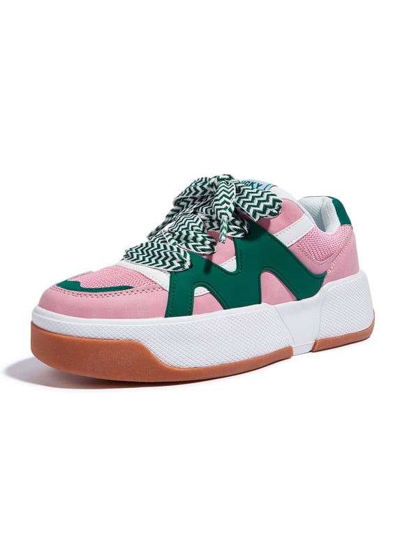 Stylish Thick Soled Sneakers Multi Colored Shoelaces Casual Shoes,Pink&Green,Womens