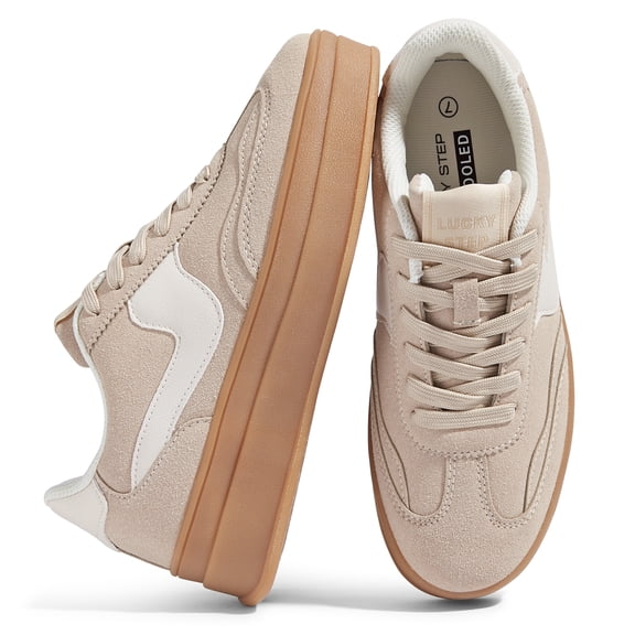 LUCKY STEP Thick Sole Suede Genuine Leather Classic Casual Walking Shoes,Beige,Womens