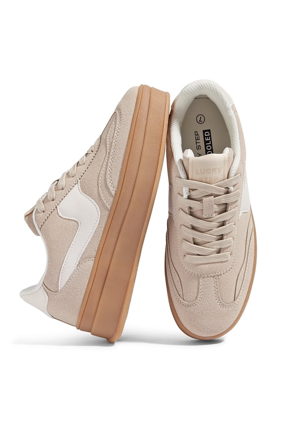 Thick Sole Suede Genuine Leather Classic Casual Walking Shoes,Beige,Womens