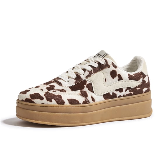 LUCKY STEP Womens Platform Fashion Sneakers Thick Sole Suede Faux Leather Casual Shoes,Brown Cow Print