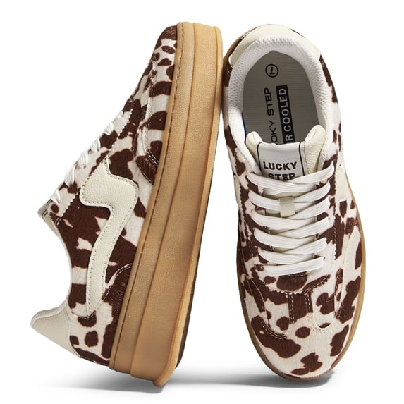 LUCKY STEP Thick Sole Suede Genuine Leather Classic Casual Walking Shoes,Brown Cow Print,Womens
